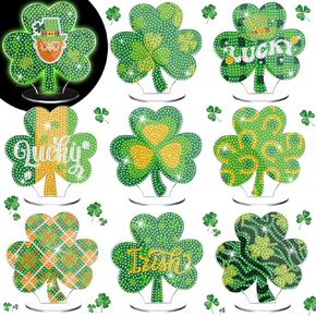 DoubleFill 9 Pcs St Patrick's Day Diamond Painting Table Decor Double Sided Shamrock Diamond Art Kits for Adults Glow in The Dark Irish Green Clover Centerpieces for Tabletop DIY Craft(Shamrock)