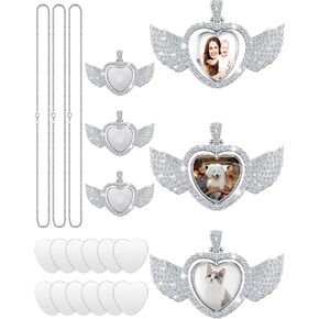 Junkin 24 Pcs Sublimation Rhinestone Trays Pendant Set, Including 6 Double Sided Blank Rhinestone Bezel Trays, 6 Pcs Thick Chains with 12 Sublimation Discs for Making