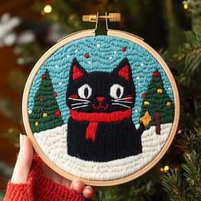 DIY Punch Needle Kits for Beginners Black Cat with Christmas with Hoop Embroidery Punch Needle Starter Craft Set Easy for Adults and Children Festival Gift and Decoration 20x20cm-1