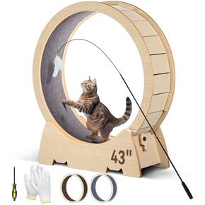 Cat Exercise Wheel 43.3 inch, Large Cat Running Wheel Cat Treadmill for Indoor Cats with Ultra-Long Cat Teaser and 2Pcs Detachable Carpet