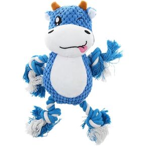 HK Hund & Katt Plush Cow Design Squeaky Dog Dog ، مواد غير سامة متينة ، أرجل حبل للجر/المضغ ، قابلة للغسل ، 9.8 بوصة