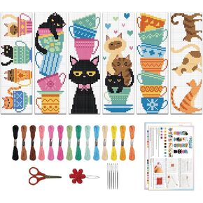 ORIGACH 6 Pcs Cross Stitch Bookmark Kit for Beginner with Backing Felt Floss Instruction Cat Teacup DIY Stamped Embroidery Bookmark Kit for Starter Adults Book Lovers