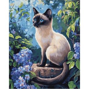 Siamese Cat Paint by Number Kits for Adults, Cat with Blue Eyes in Garden Paint by Numbers for Beginners, Flowers and Cute Cat Acrylic Paints Oil Painting for Home Decor(16×20inches, No Frame)