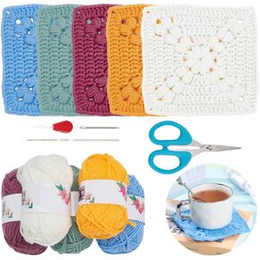 FreeBloss 8 Set DIY Crochet Kit for Beginners Sauare Crochet Coaster Set مجموعة كاملة من الكروشيه الكاملة للبالغين للمبتدئين كروشيه كيلز مع دروس فيديو للنساء الهوايات