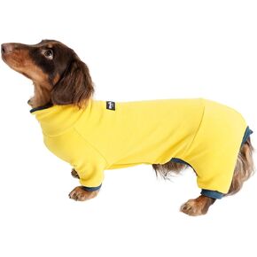Dachshund Dog Turtleneck Sweater, Adjustable Polo Collar with Zipper, Four-Legged Warm Double Fleece, Stretchy Clothes for Mini Dachshunds (Yellow, Medium)