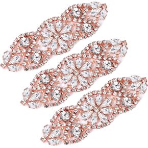 SAVITA 3 Pcs Rhinestone Appliques, 3.74x1.2 Inch Rhinestone Iron on Patches, Bling Crystal Applique, Wedding Appliques for Bride Clothes Belt Dress (Rose Gold)