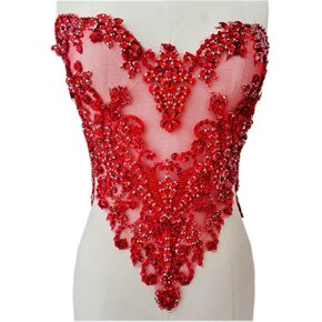 Handmade Rhinestones lace Applique handsewing Beads Sequins Trimming Patches for Dress Clothing Accessories More Colour (Red)