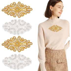 4Pcs Rhinestone Beaded Flower Patch Iron Sew on Appliques Sparkly Patches for Clothes Bridal Wedding Dress Skirt Jean Pant Sweater DIY Craft