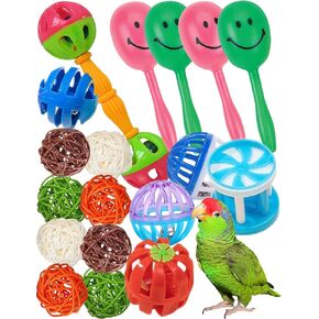 Bird Toys 18 Pcs Set, Colorful Plastic & Woven Rattan Balls with Bells for Parrots & Small Birds - Safe, Strong, & Stimulating Play for Beak Health & Foot Flexibility