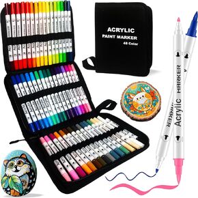 48 Colors Acrylic Paint Markers, Dual Tip Paint Pens with Brush Tip and Fine Tip, Acrylic Pens for Rock Painting, Wood, Canvas, Stone, Glass, Ceramic, Metal, DIY Crafts Making Art Supplies