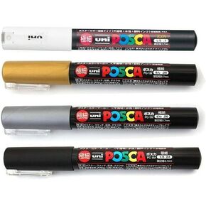 Uni Posca Paint Marker Extra Fine (0.7mm) - WHITE/GOLD/SILVER/BLACK, Pack of 4
