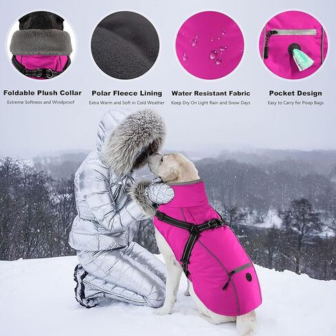 Dogcheer Dog Coat, Waterproof Dog Winter Jacket with Harness, Reflective Adjustable Puppy Cold Weather Coats with Pockets, Christmas Pet Fleece Jacket Snowsuit for Small Medium Large Dogs Pink S in Kuwait