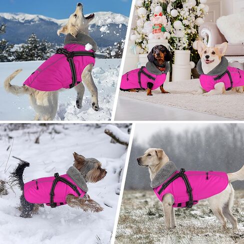 Dogcheer Dog Coat, Waterproof Dog Winter Jacket with Harness, Reflective Adjustable Puppy Cold Weather Coats with Pockets, Christmas Pet Fleece Jacket Snowsuit for Small Medium Large Dogs Pink S in Kuwait
