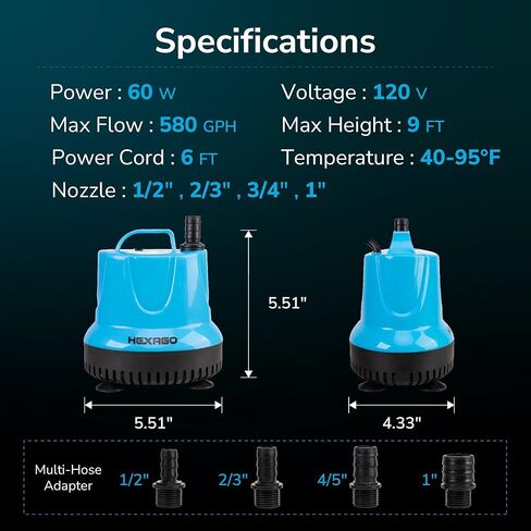 580GPH Submersible Water Fountain Pump, 60W Small Sump Pump with 9FT High Lift, Aquarium Pumps for Outdoor Pond, Hydroponic, Statuary, Waterfall, Aquarium, Fish Tank in Kuwait