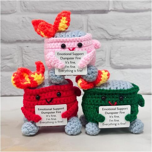 Emotional Support Crochet Dumpster Fire with Positive Card Cute Room Decor Knitted Toys Funny Crochet Support Buddies Gifts for Friends (Green&Blue&Pink&Orange) in Kuwait