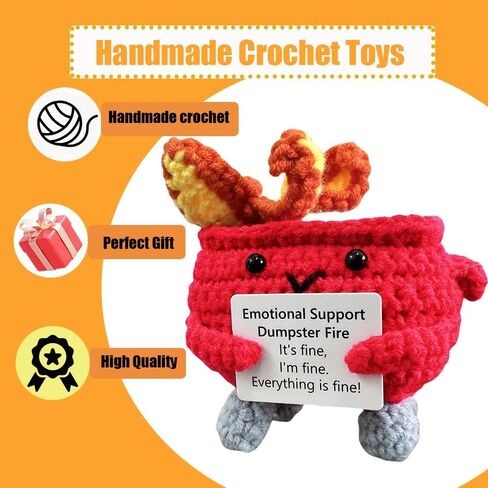 Emotional Support Crochet Dumpster Fire with Positive Card Cute Room Decor Knitted Toys Funny Crochet Support Buddies Gifts for Friends (Green&Blue&Pink&Orange) in Kuwait