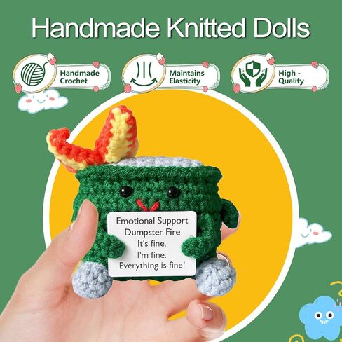 Emotional Support Crochet Dumpster Fire with Positive Card Cute Room Decor Knitted Toys Funny Crochet Support Buddies Gifts for Friends (Green&Blue&Pink&Orange) in Kuwait