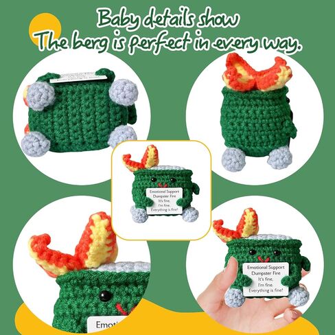 Emotional Support Crochet Dumpster Fire with Positive Card Cute Room Decor Knitted Toys Funny Crochet Support Buddies Gifts for Friends (Green&Blue&Pink&Orange) in Kuwait