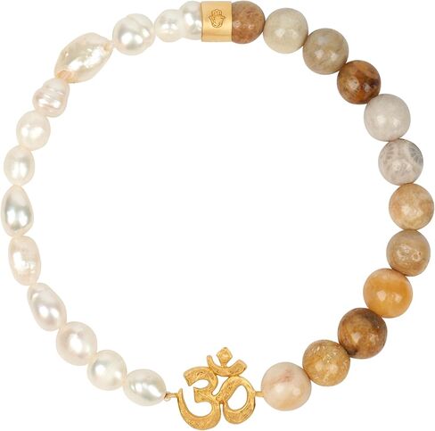 سوار KARMA AND LUCK Mindful Guru Matte Onyx وJasper وAfrican Opal Om للرجال والنساء، نحاس مطلي بالذهب، مقاس 8 بوصة قابل للتمدد in Kuwait