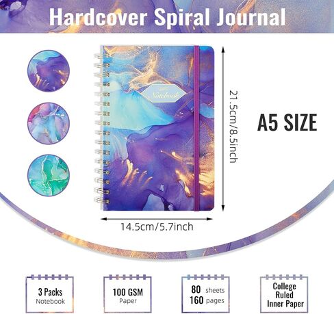 eoout 3 Pack A5 Spiral Noteboor ، Hardcover Spiral Journals for Women ، 5.5 × 8.3 inches ، 100gsm paper shice ، 80 sheets regle in Kuwait