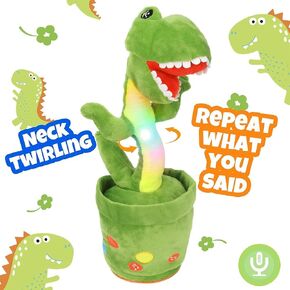 Hopearl Glowing Dancing Dinosaur Toy Repeats What You Say Talking T-Rex Toy Wriggle Singing Mimicking Twisting Light Up Interactive Animated Toy Speaking Plush Gifts for Kids, Green, 13''