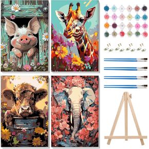 MISCER 4 Pack Framed Paint by Numbers Kit for Adults Beginners, Adult Paint by Number Kits On Canvas with Easel, Giraffe Cowt Easy Framed Paint by Numbers for Beginner Gift Home Wall Decor 8x12 inch