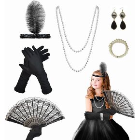 6 Pcs Girl's Fashion Flapper Dresses Costume Set Roaring 1920s Flapper Dresses Accessories Includes Feather Headband Gloves Fan and Pearl Decorations for Halloween Children Birthday Party Favor Gifts