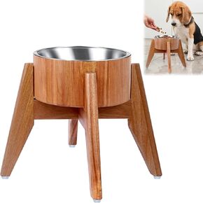 Dog Bowls Elevated for Small to Medium Breeds - Standing 9-inch High, 5-Cup Bowl Capacity - Single Raised Pet Food Feeder Dish Made of Wood and Stainless Steel