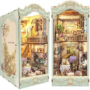 DIY Book Nook Kit, Wooden Decorative Bookend Stand Model Kits with Sensor Light for Bookshelf - Pastoral Diary BookNook Kit