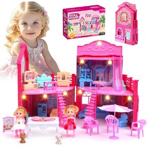 Doll House, with 4 Rooms, 2 Dolls, Toy Furniture Accessories, Pet Play Area，Slide Dollhouse Dlayset, Dollapsible Portable Playhouse with Lights for Little Girls