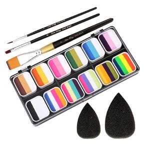 Face Painting Kits for Kids Professional 1-Stroke12 Split Cake Palette,Water Activated Body Paint Set with 3 Brushes 2 Sponges Non-Toxic & Washable Rainbow Paint Makeup for Halloween Christmas Easter