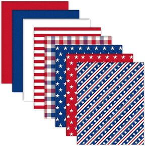 Whaline 8Pcs Patriotic Cotton Fabric Bundles Red Blue White Star Stripe Fat Quarters 4th of July Quilting Patchwork for Independence Day DIY Handmade Craft Party Decor, 10 x 10 Inch