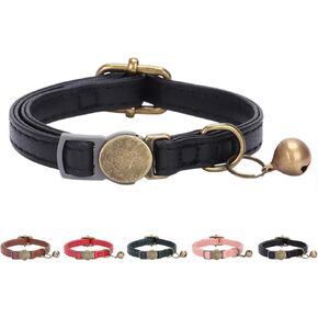 THAIN Leather Cat Collar with Bell Breakaway- Adjustable, Durable, Retro Bell fit Most Cats and Kittens (Black)