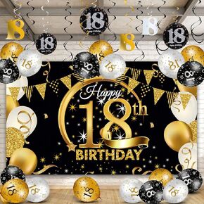 58 Pcs Happy 18th Birthday Party Decorations Kit Black Gold Glitter Happy 18th Birthday Backdrop Banner Three Color Balloon 18th Birthday Hanging Swirls for Men Women 18th Party Decorations Supplies