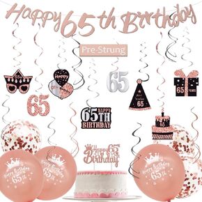 WOJOGO 65th Birthday Decorations for Women, Rose Gold 65 Birthday Decorations For Women, Happy 65th Birthday Banner Hanging Swirls Birthday Cake Topper Balloons Decor Kit for Party Supplies