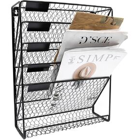 Wall File Holder Hanging Mail Organizer Metal Chicken Wire Wall Mount Magazine Rack for Home and Office (Black)