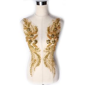 Luxury Look Gold Shiny Rhinestone Pair Applique Patch for Sewing on Wedding Dress Banquet Evening Gown or Photograph Shot, Performance Leaves Flowers Applique