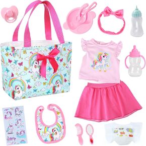 Ecore Fun 15 Pcs Baby Doll Diaper Bag with Clothes and Accessories,Doll Alive Feeding and Caring Set for 16-18 Inch Dolls,Include 16 inch Girl Doll Clothes,Bottles, Pacifier,Bib,Diaper（No Doll）