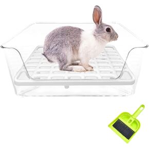 PINVNBY Transparent Rabbit Litter Box Bunny Corner Litter Bedding Box Small Pet Litter Pan Cage Potty Trainer Pet Toilet with Cleaning Tools for Guinea Pigs Chinchilla Ferret (White)