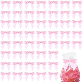 50 Pcs Pink Bows for Christmas Tree,Twist Tie Bows for Gift Wrapping 3.5 inch Pink Satin Ribbon Bows for X'mas Crafts Tying Up Packages Gift Halloween Candy Bag Favors Bow Party Decorations