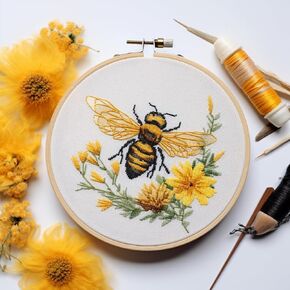 Yellow Bee and Honey Nest Stamped Cross Stitch Kits for Beginners Easy with Hoop 11CT Needlepoint Embroidery DIY Counted Cross Stitch Kits Art Craft Wall Decor 40x40cm(1)