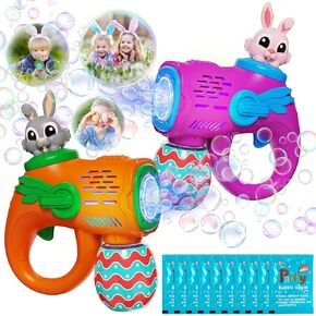 Bubble Gun Machine for Toddlers 2 Pack Easter Bunny Gifts for Kids Bubble Maker Blower Automatic Light-up with 10 Bubble Solution Outdoor Toys for 3-12 Years Old Boys Girls Easter Basket Stuffers