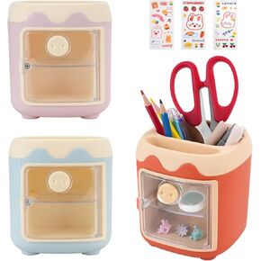 RETON 3 Pcs Cute Pen Holder for Desk, Kawaii Pig Pencil Cups with 3 Stickers, Multi-Functional Brush Pencil Organizer with Drawer for Office Supplies Home Desktop