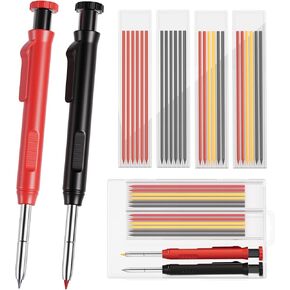 HAUTOCO Mechanical Carpenter Pencils Set with Sharpener & 26 Refills for Construction, Solid Deep Hole Marker Heavy Duty Woodworking Tools Mechanical Pencils for Architect with Case (Black, Red)
