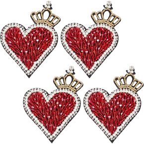 FREEBLOSS 4 Pcs Sew On Beaded Applique Patches Crown Heart Beaded Love Patches Crystal Rhinestones Patch DIY Crafts Projects Gift for Clothing Jacket Jeans Pants Decorations