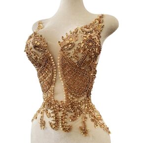 Handmade Rhinestone Applique Sewing Beads Stones Trim Patches for Skirt Accessories 15X22.4inches (Champagne)