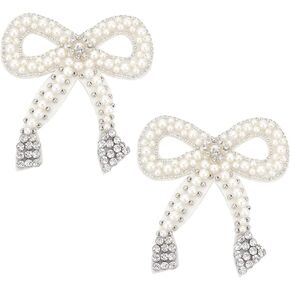FINGERINSPIRE 2 Pcs Bowknot Pearl Rhinestone Patch 4.9x4.5inch Bow Tie Beading Appliques White Imitation Pearl Decorative Patch Pearl Rhinestone Bow Repair Felt Sew on Applique for Clothing Repair