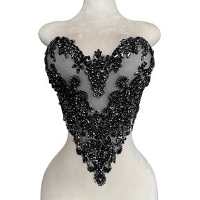 Handmade Rhinestones Beads Applique sew on Crystal Sequins lace Trim Patches Accessories for Dress Clothing Shiny Bead Decorative Material 15.7X15.9inches (Black)
