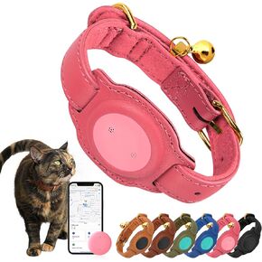 Cat Tracker, GPS Pet Tracker for Cats (Only iOS), Leather Cat Collar with Tracker, Works with Any Collar, No Monthly Fee, Compatible with Apple Find My App not for Android (Pink)