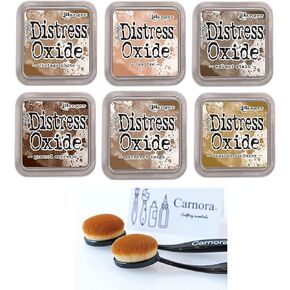 Tim Holtz Ranger Distress Oxide Ink, 6 Light and Dark Browns, Vintage Photo, Tea Dye, Walnut Stain, Ground Espresso, Gathered Twigs, Brushed Corduroy, Plus 2 Carnora Ink Blending Brushes, 8 Items
